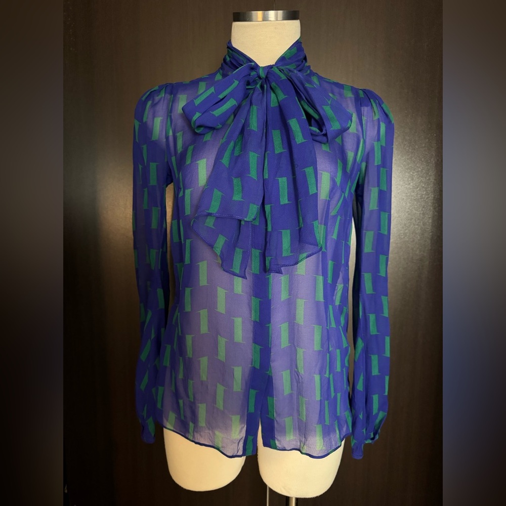 DIANE VON FURSTENBERG Women’s Silk Blouse Tie Geo Print Blue/Purple Green Sz 0.